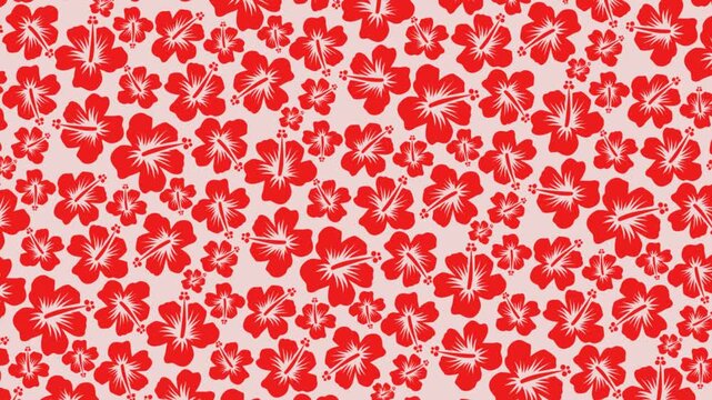 Red hibiscus flower animation, seamless floral pattern background.
