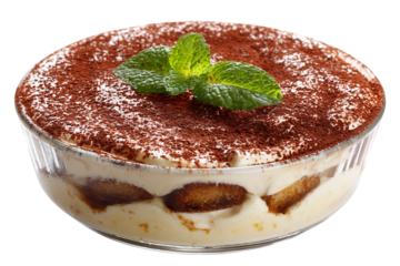 Freshly prepared tiramisu in glass serving dish isolated on transparent background