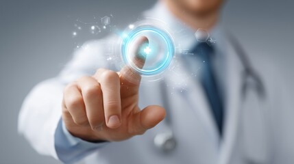 In a sleek medical environment, a doctor interacts with advanced holographic data, touching glowing symbols that represent vital health information for patients, highlighting innovation in healthcare