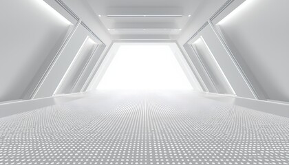 Futuristic white tunnel interior with glowing exit and geometric pattern.