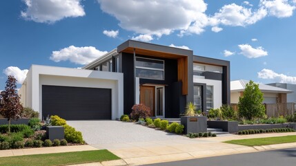 Modern luxury house with contemporary black and white architecture and landscaped front yard
