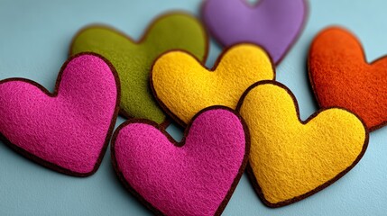 Fototapeta premium Colorful felt heart shapes arranged on a soft blue background, showcasing vibrant neon hues and textures, perfect for creative projects and festive celebrations with copy space