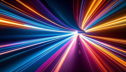 Multicolored neon light streaks in blue, orange, yellow, and purple converging into tunnel-like vanishing point.