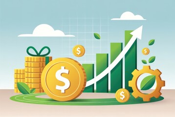 Financial Growth Concept with Coins, Dollar Signs, Green Bars, and Organic Elements in a Bright Environment