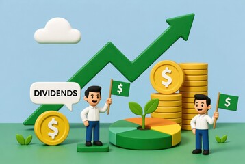 Finance and Accounting Cartoon Characters Celebrating Dividends with Growth Graph and Coins on a Light Blue Background in a Financial Concept Illustration