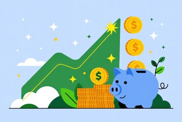 Finance and Accounting bank surrounded by gold coins and growth chart representing savings and financial success in a colorful flat design.