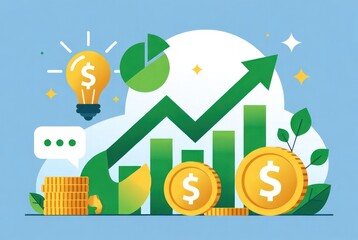 Growth in Finance, Investment with Coins, Chart, Light Bulb, and Green Elements Representing Success and Prosperity in Business