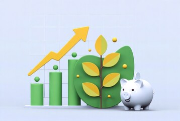 Growth Concept with Green Bars, Piggy Bank, Leaves, and Upward Arrow Representing Financial Success and Environmental Awareness