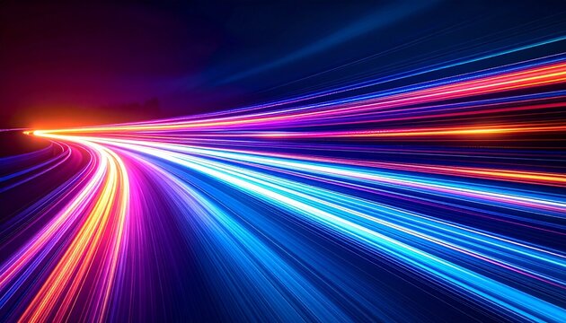 Multicolored neon light trails in blue, pink, red, and orange converging into a futuristic tunnel. - Powered by Adobe