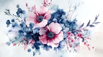 Elegant floral arrangement featuring blush pink poppies and indigo foliage in watercolor style