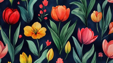 Obraz premium Watercolor floral arrangement, capturing the essence of spring with vibrant tulips