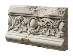 Preservation efforts for cracked architectural relief museum sculpture isolated on transparent background