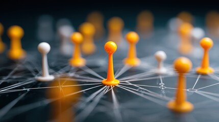Conceptual network of orange pins representing leadership and connectivity in a digital communication hub