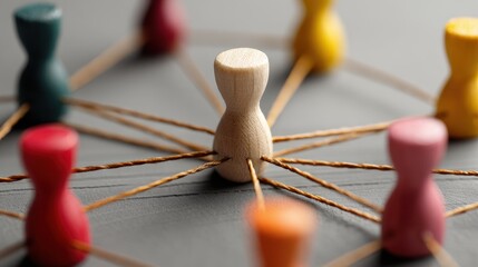 Networking and leadership concept with wooden figures connected by strings on a gray textured background