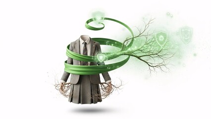 Businessman in gray suit with green ribbon and shields symbolizing security