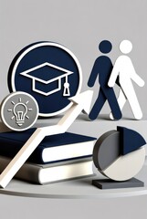 Education Concepts with Graduation Cap, People Walking, Light Bulb, Graph, and Books on Gray Background for Learning and Growth Themes