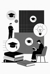 Education Concept with Students, Books, and Graduation Caps in Black and White Style for Stock Photography
