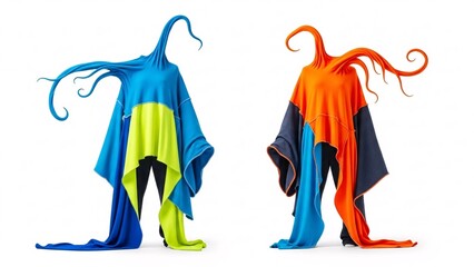 Vibrant cloaked figures in dynamic modern art poses