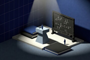 Minimalist classroom scene with pedestal, chalkboard, books, and small figures, teaching concepts in a serene and intellectual atmosphere