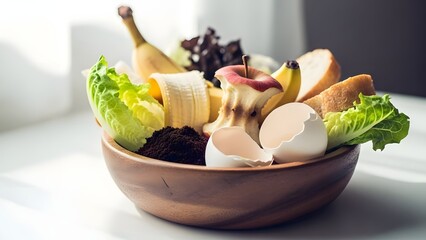 Bowl of various food scraps including fruit bread and vegetable cuttings