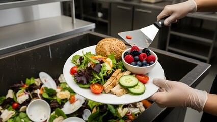 Chef presenting a healthy meal featuring salad and fruits at commercial kitchen