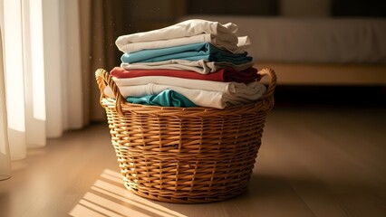 Clean folded laundry in a woven basket on a hardwood floor