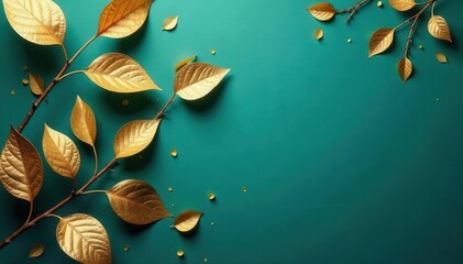 Elegant gold leaves, teal backdrop Subtle light, luxurious feel , aesthetic, autumn