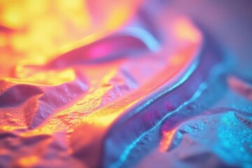 Iridescent holographic texture with orange, yellow, purple & white hues , stock, digital, abstract