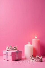 Pink backdrop, glitter, tiaras, gift boxes, candles, texture, baby shower, elegant