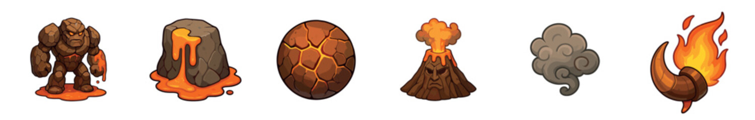 Obraz premium Set of fantasy cartoon game icons depicting a powerful rock golem, an erupting volcano with a face, a cracked lava egg, flowing magma, smoke, and a flaming horn asset
