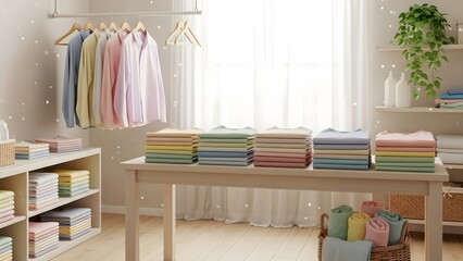 Clean laundry room interior with folded clothes hanging shirts and soft lighting