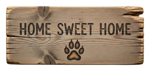 Wooden home sweet home sign with paw print rustic isolated on transparent background