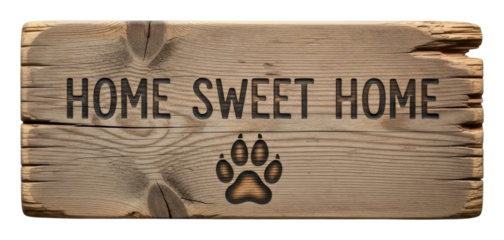 Wooden home sweet home sign with paw print rustic isolated on transparent background