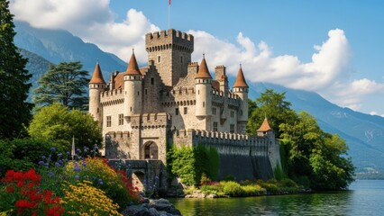 Majestic castle surrounded by lush greenery and water