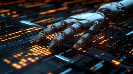 Advanced Robotic Arm Analyzing Complex Financial Data with Holographic Visualization Technology