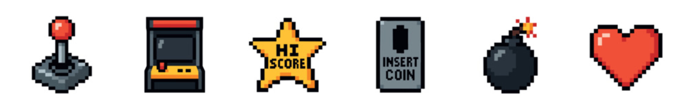 Pixel art video game icons set featuring a joystick, arcade machine, high score star, coin slot, bomb, and heart in a classic 8-bit retro gaming style for digital design
