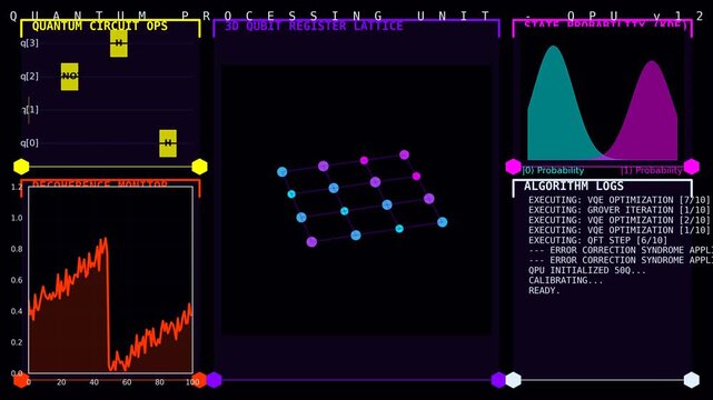 Quantum Computing Dashboard Animation Showing Qubit Register Lattice, Quantum Circuit Operations, State Probability and Algorithm Execution Logs