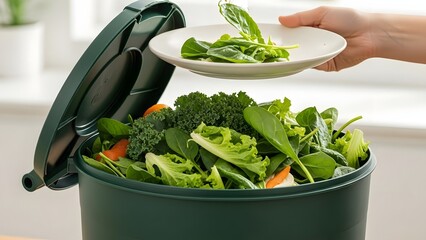 Fresh organic vegetables in composter bin and plate with hand