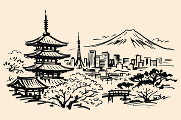 Tokyo skyline pagoda Mount Fuji ink sketch icon vector illustration