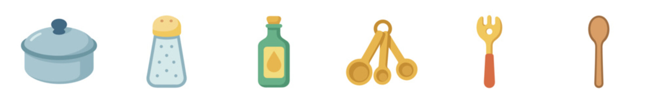 Colorful set of kitchen utensil icons including a pot, shaker, oil bottle, measuring spoons, fork, and wooden spoon, presented in a simple flat design style for culinary concepts