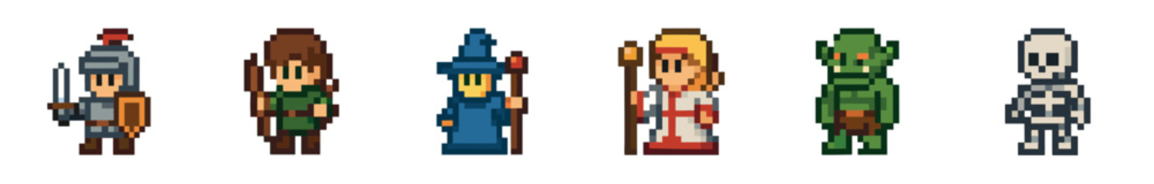 Set of six pixel art fantasy characters for a retro video game, including a knight, archer, wizard, cleric, goblin, and skeleton, presented in a colorful 8-bit style