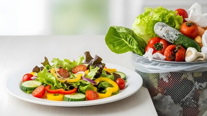 Fresh salad dish next to a trash can full of fruits and vegetables