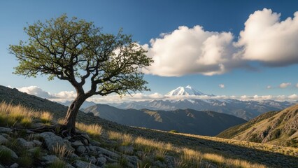 Solitary tree standing on rocky hillside with majestic mountain view
