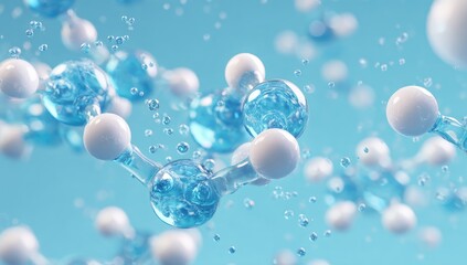 3D rendering of molecular structures with white spheres and transparent, blue connections