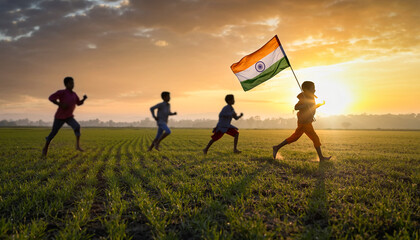 Joyful Children Running With the Indian Flag at Sunset