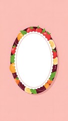 Oval frame decorated with fruits and leaves against a pastel pink background