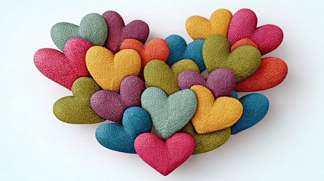 Colorful heart composed of various textured hearts in a 3D illustration design, set against a clean white background, showcasing vibrant hues and intricate details, perfect for expressing love and aff