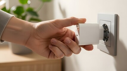 Hand inserting electrical plug into wall outlet for power supply