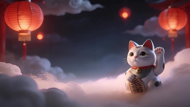 Cute Maneki Neko Lucky Cat with Red Lanterns and Clouds at Night.