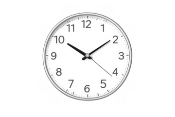 Analog wall clock showing time, white face with black numbers, silver frame, minute and hour hands, transparent background